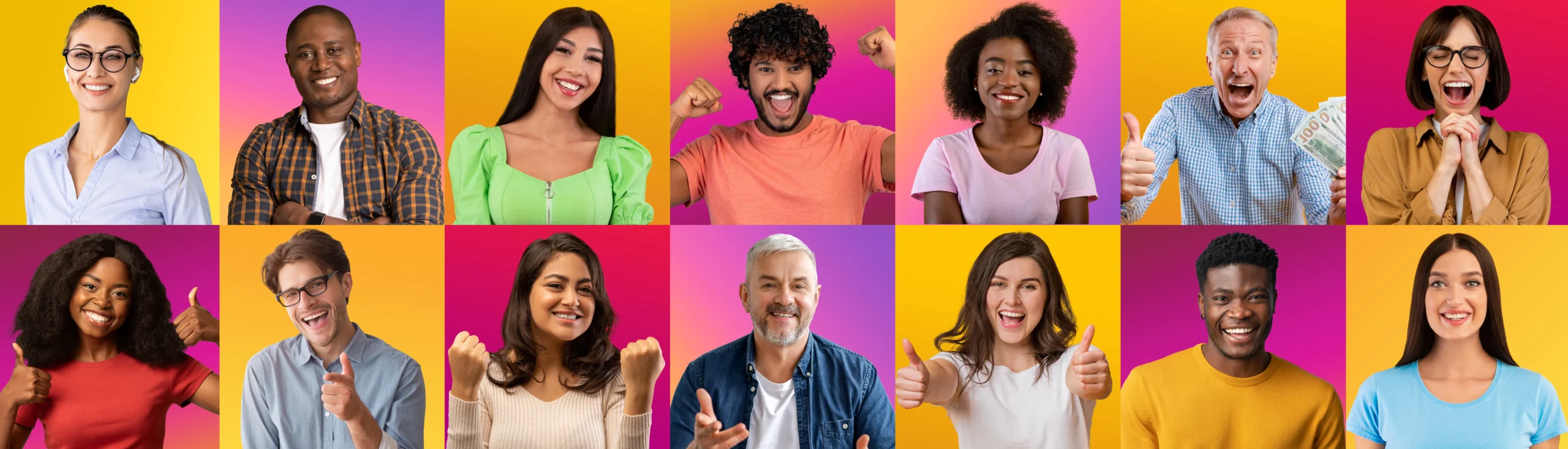 happy emotions set cheerful multiethnic peoples portraits bright gradient backgrounds updated scaled