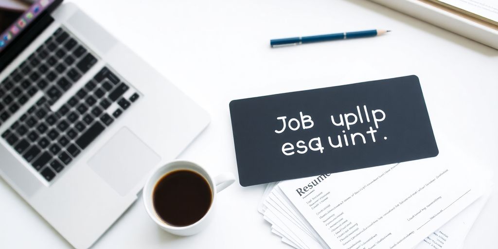 Desk with laptop and resumes for job applications.