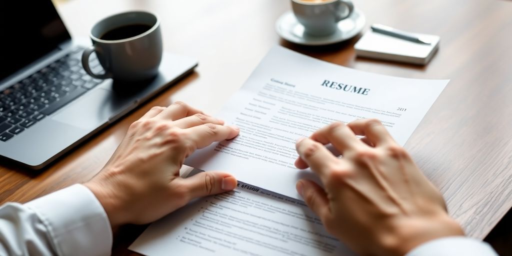 Hiring manager reviewing resume and cover letter at desk.