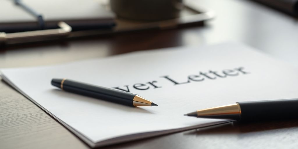 Cover letter on a desk with a pen beside it.