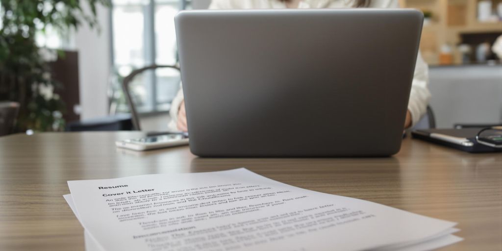 Person at desk with laptop, resume, and cover letter