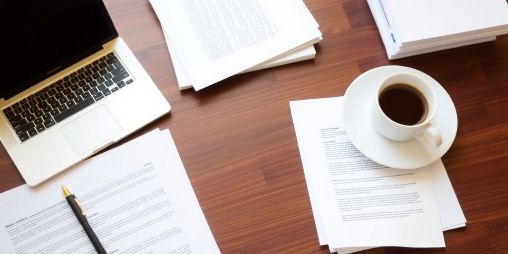 Desk with laptop, coffee, and papers for cover letter.
