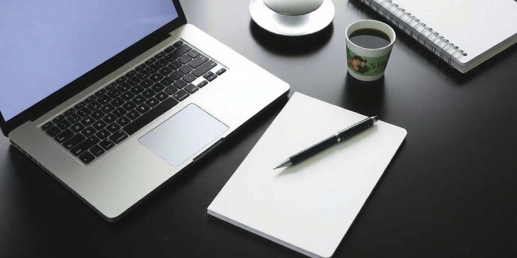Workspace with laptop, notebook, and pen for job applications.