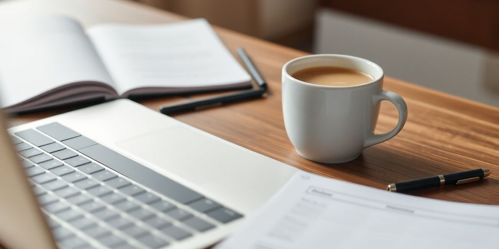 Close-up of laptop, notebook, and coffee in workspace.