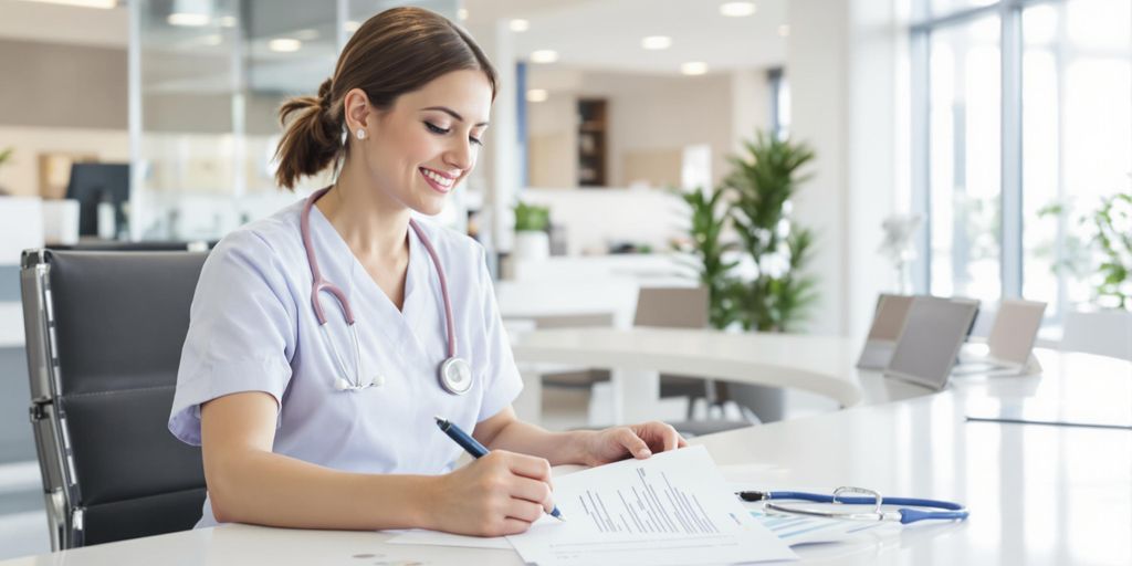 Nurse reviewing documents at a modern hospital desk.