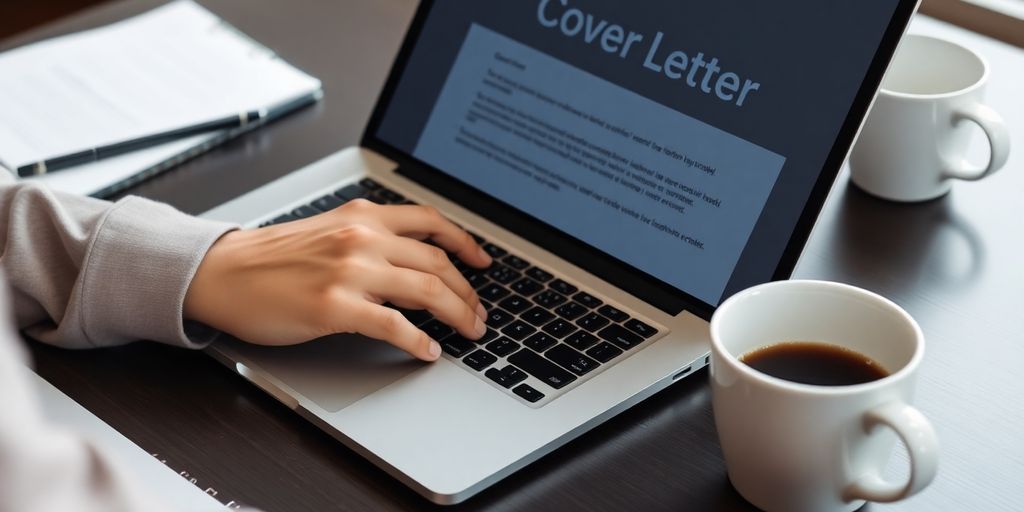 Person typing a cover letter on a laptop with coffee.