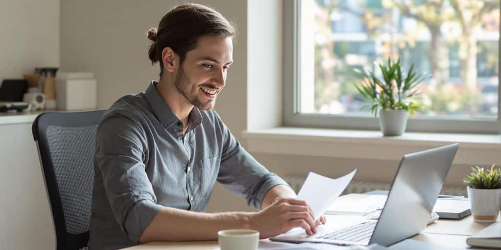 Professional reviewing documents at a modern sunlit workspace