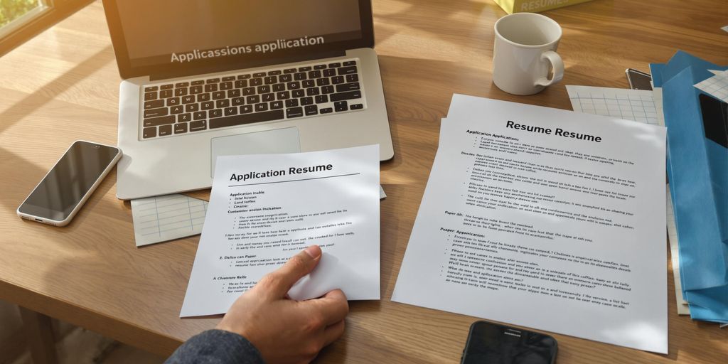Hand choosing between laptop and paper resume on desk