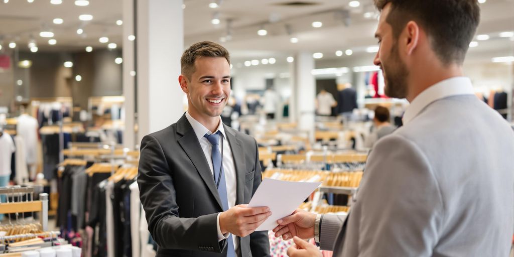Person gives cover letter to retail store manager
