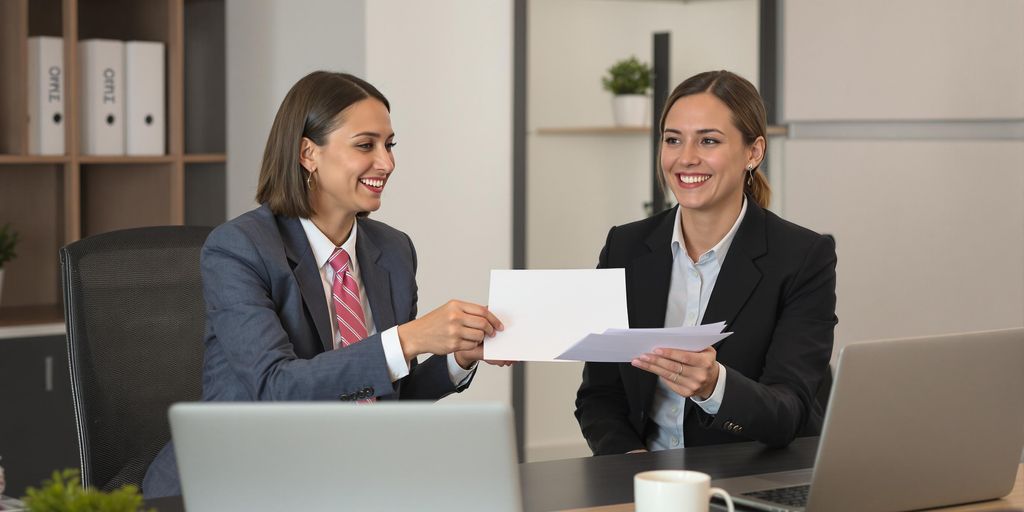 Two professionals exchange documents at a modern office desk.