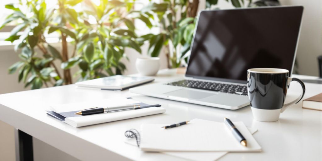 Modern workspace with laptop, notepad, coffee, and plants.