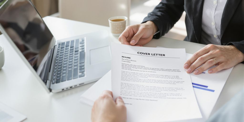 Person reviews cover letter at modern desk workspace