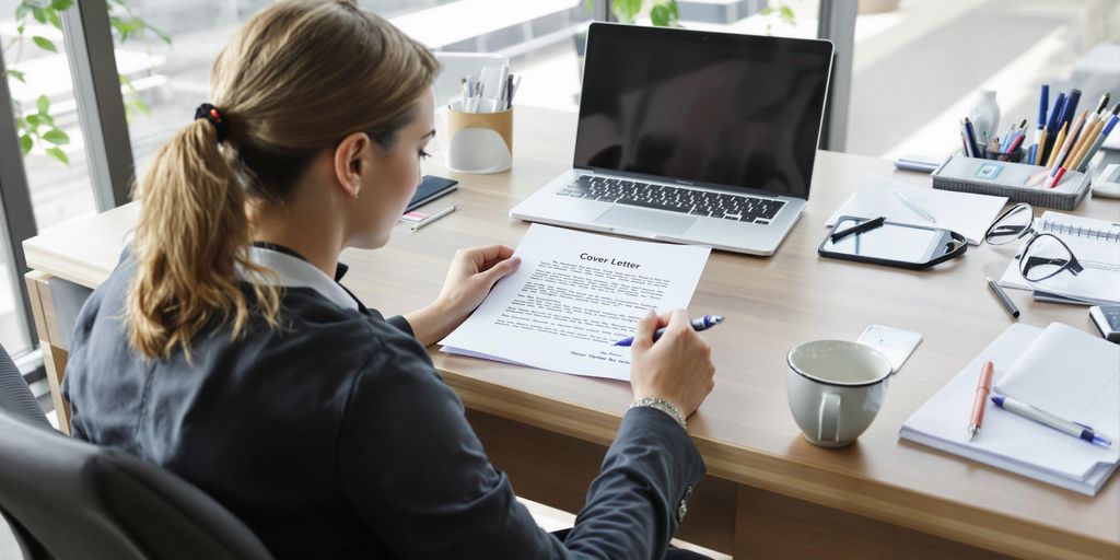 Businessperson writing a cover letter at modern desk