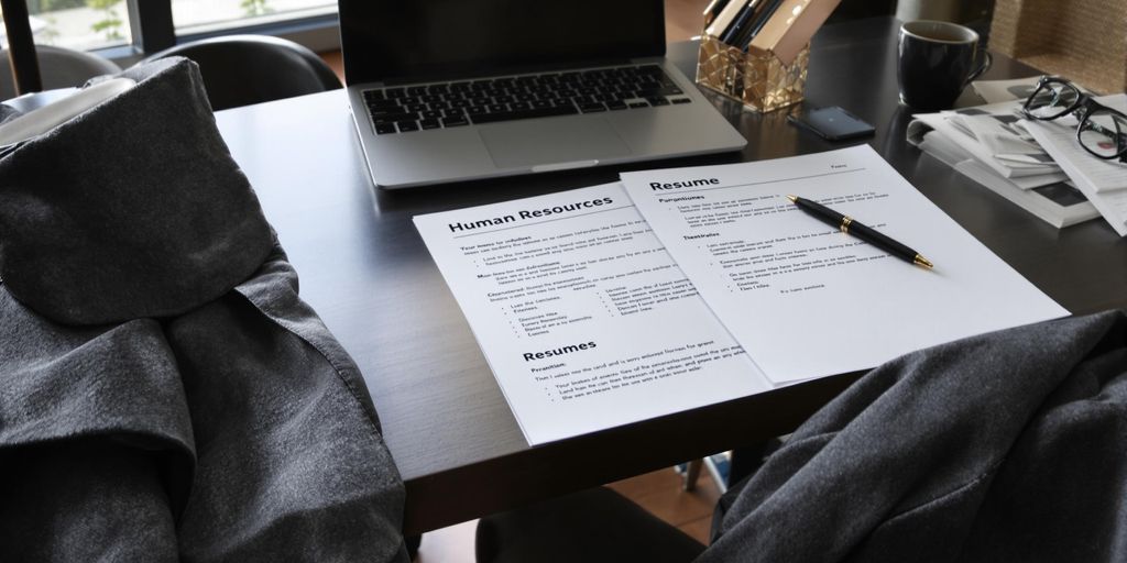 Desk with laptop, resume, pen, coffee mug, and jacket.