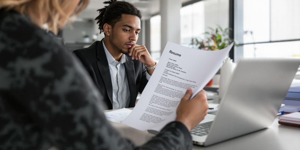 Young adult reading resume and cover letter at desk.