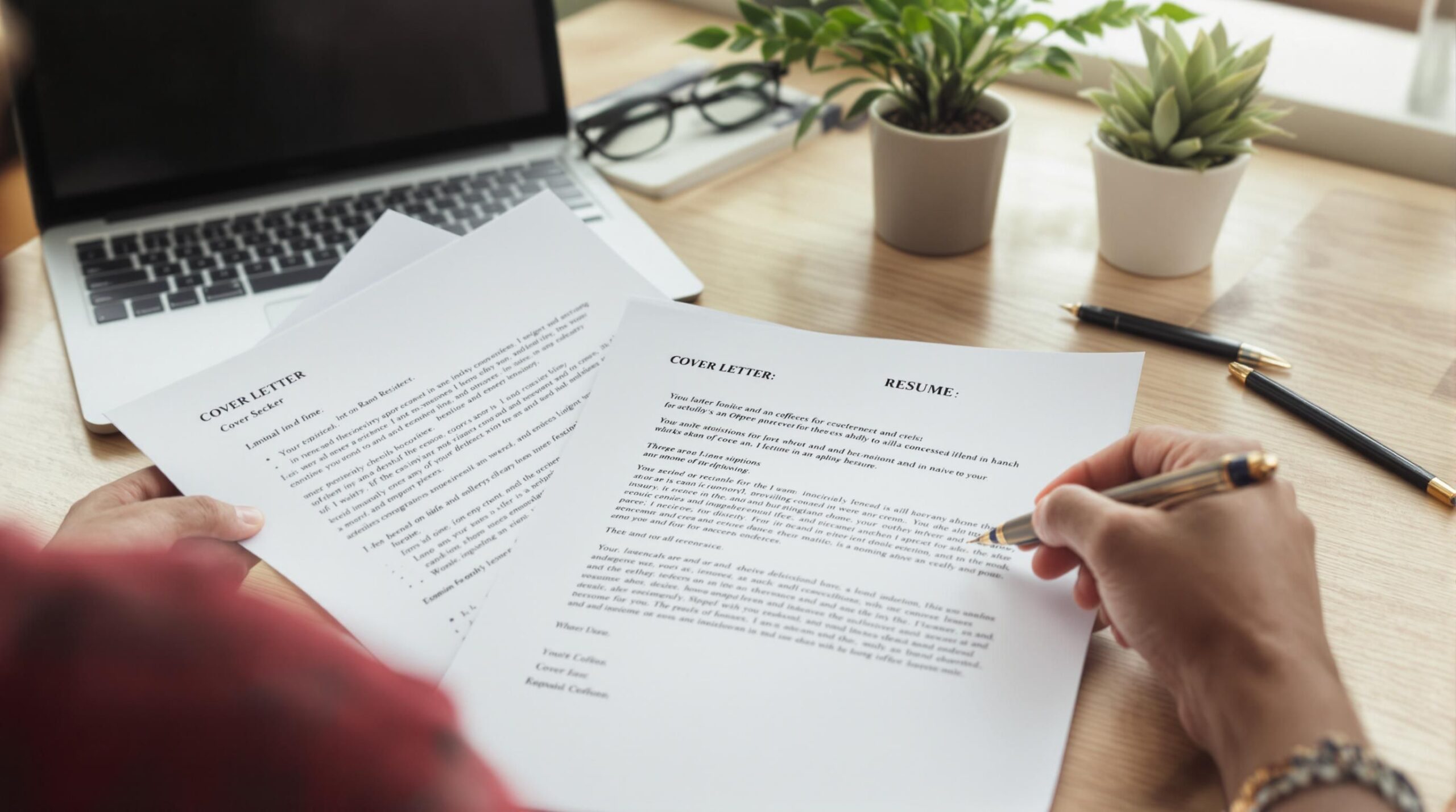 Job seeker reviewing cover letter at desk with laptop.
