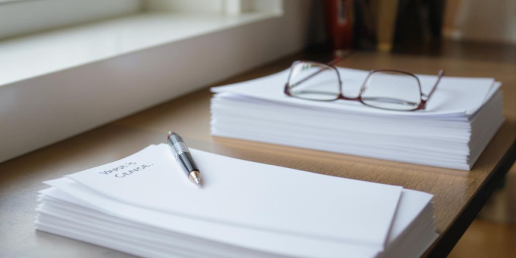 Desk with two stacks of paper and reading glasses.
