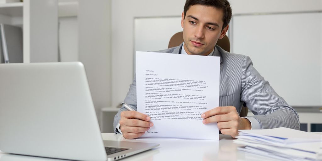 Professional reviewing application letter at office desk
