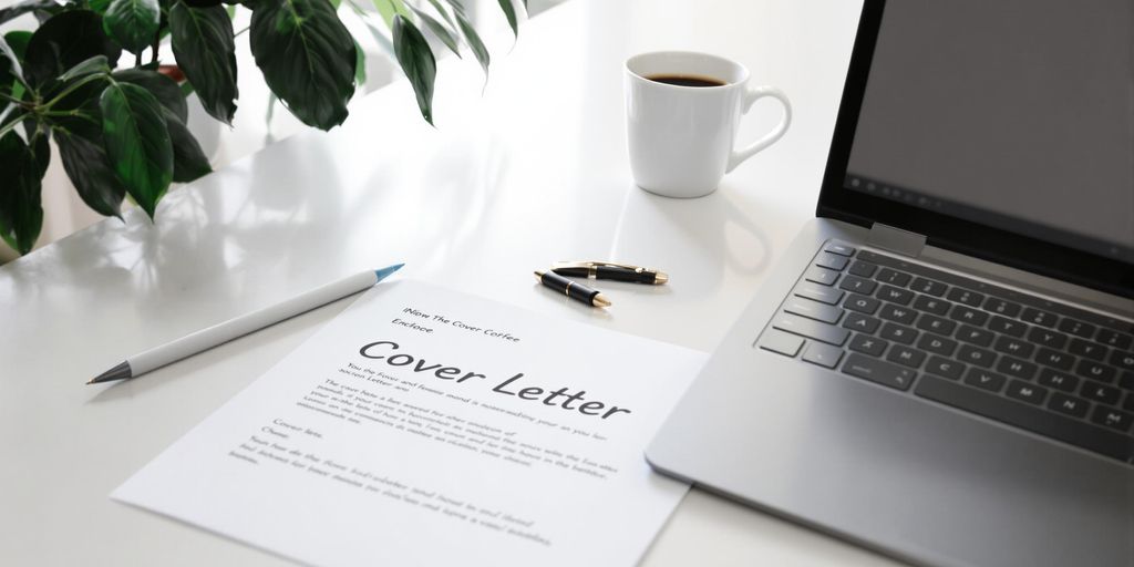 Desk with laptop, pen, cover letter, and coffee cup