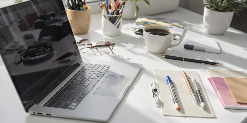Modern workspace with laptop, coffee, and stationery on desk.