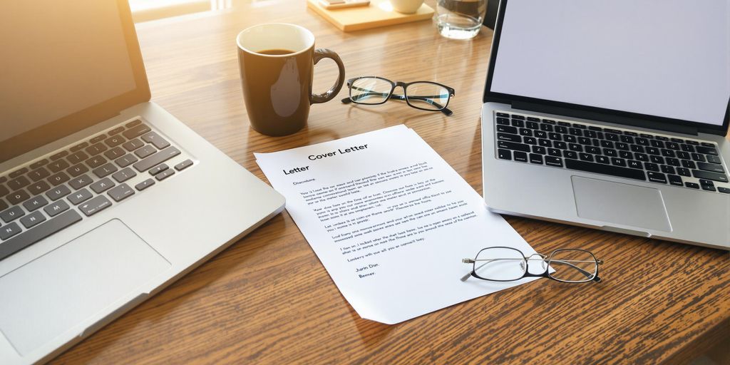 Laptop, coffee mug, cover letter, and glasses on desk.