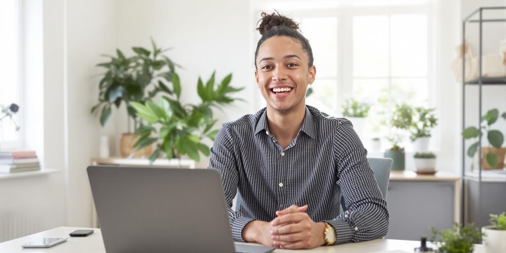 Young person recording video in a bright home office