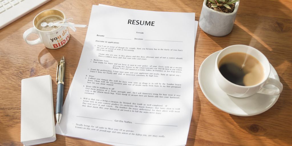 Neatly arranged resume, pen, and coffee on desk.