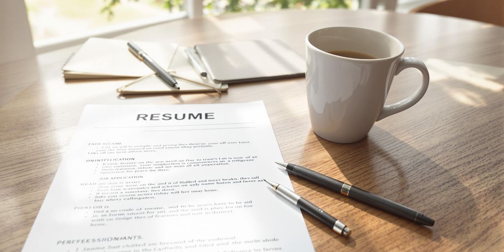 Neatly arranged resume and pen on wooden desk
