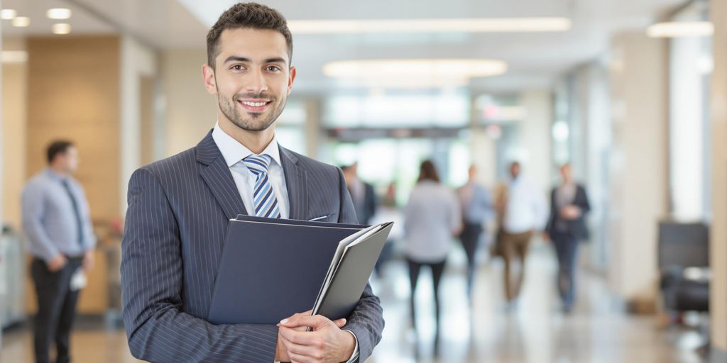 Confident job seeker in office holding a folder