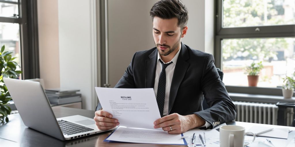 Person reviewing cover letter at tidy desk with sunlight.