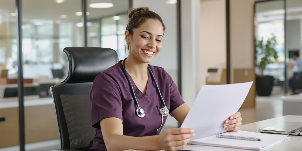 Young nurse reviewing cover letter at desk in office
