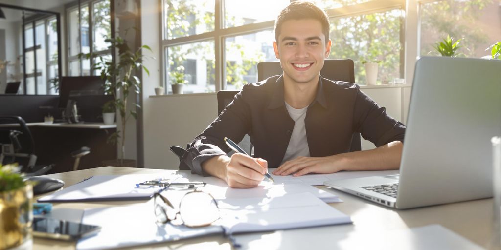 Young professional writing at desk in bright office