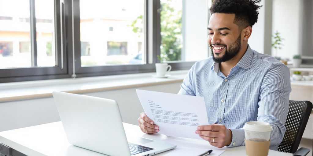 Young professional reviews cover letter at modern desk