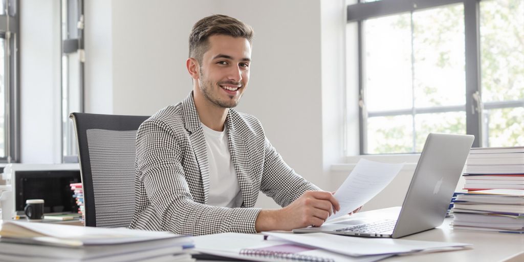 Young professional reviewing documents at a modern desk
