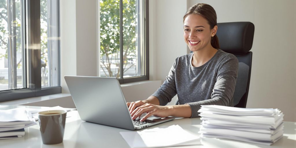 Young job seeker typing cover letter at bright desk