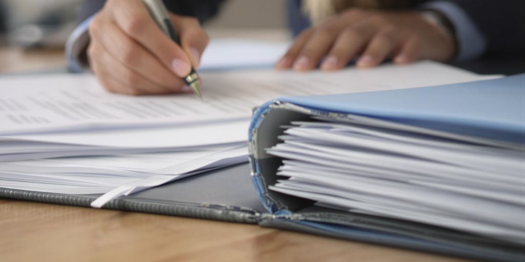 Person organizing documents and folder at a desk