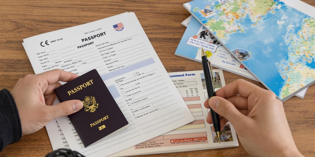 Person preparing Schengen visa documents on a desk