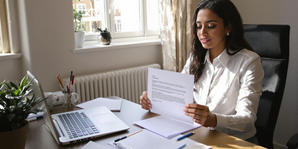 Young professional reviewing cover letter at desk