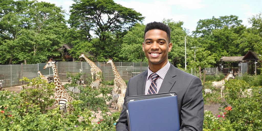 Person with folder standing near giraffes and zebras outdoors.