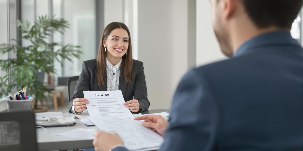 Job candidate and interviewer in modern office setting