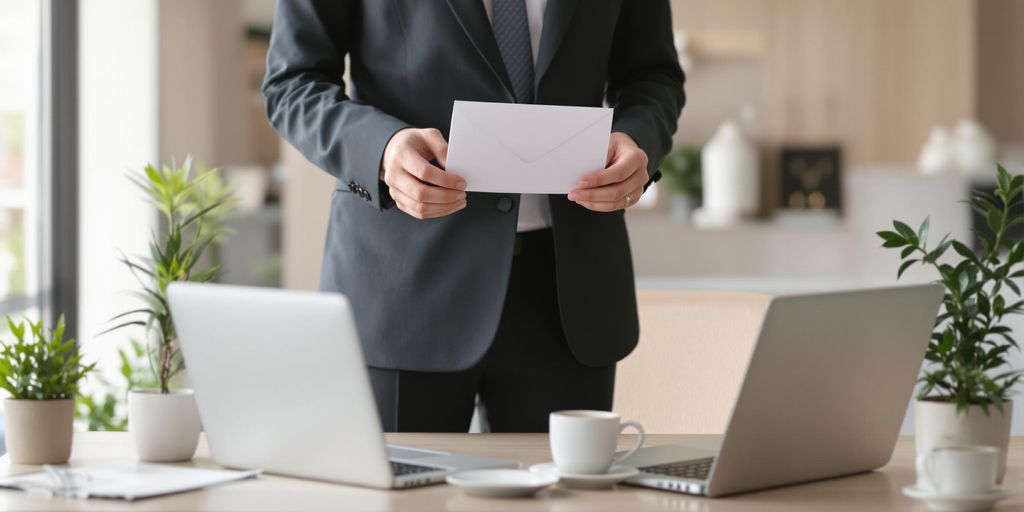 Person in business attire holding a letter in office