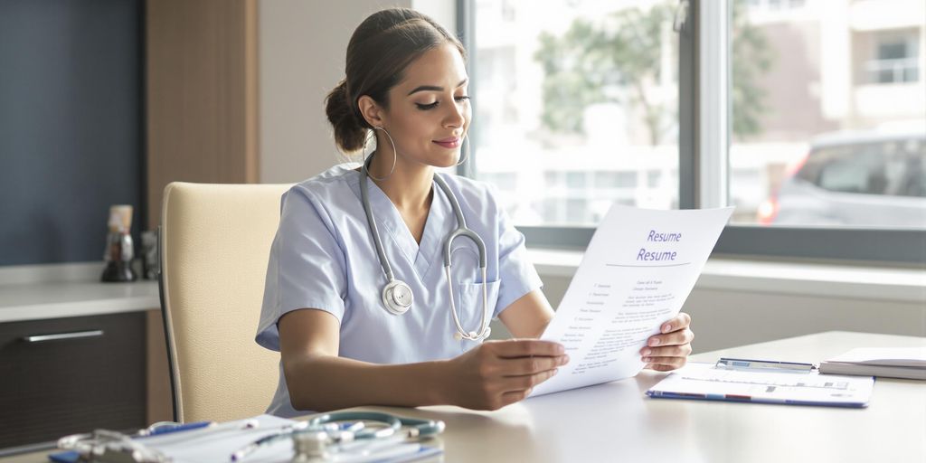 Medical assistant reviewing resume at clinic desk