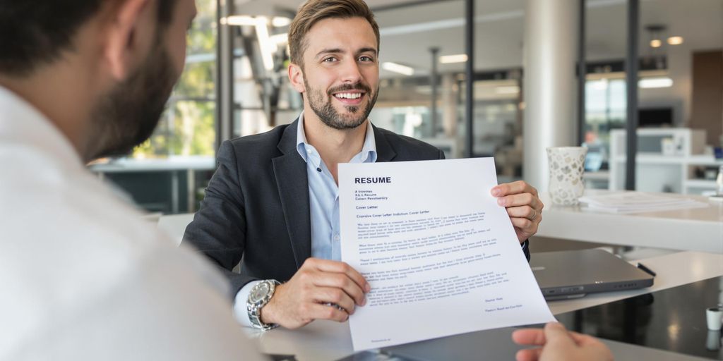 Professional reviewing cover letter at office desk