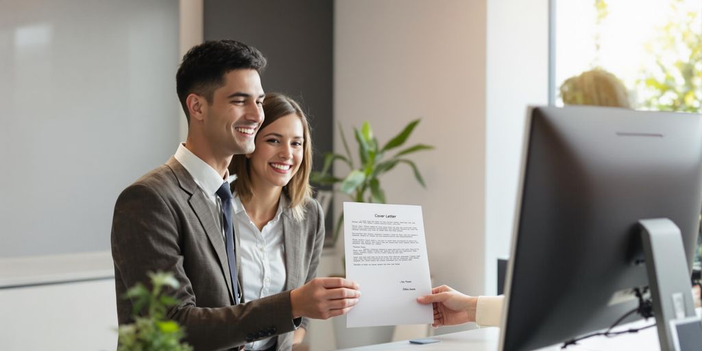 Job applicant handing cover letter to receptionist