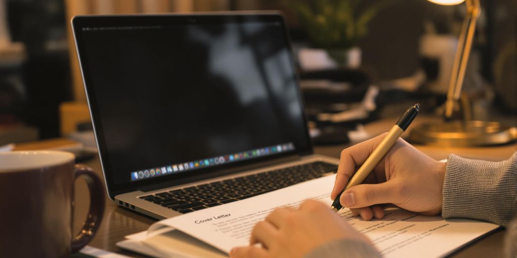 Freelancer writing cover letter at tidy workspace