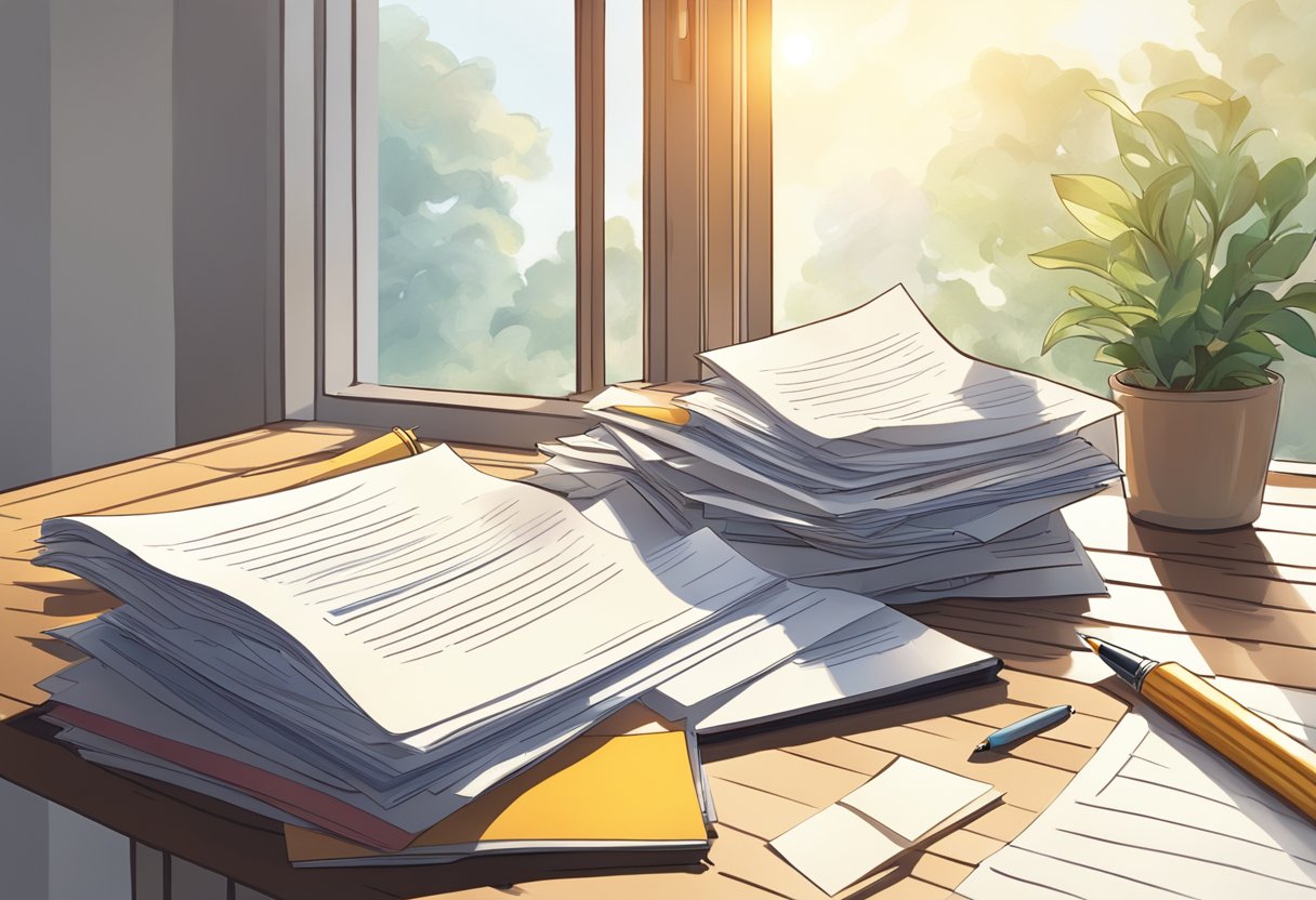 A stack of papers on a desk, a pen lying across the letter, an open window with sunlight streaming in