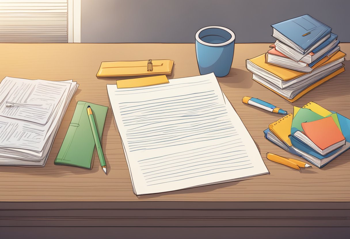 A desk with a neatly written resignation letter, a stack of papers, and a teacher's grade book
