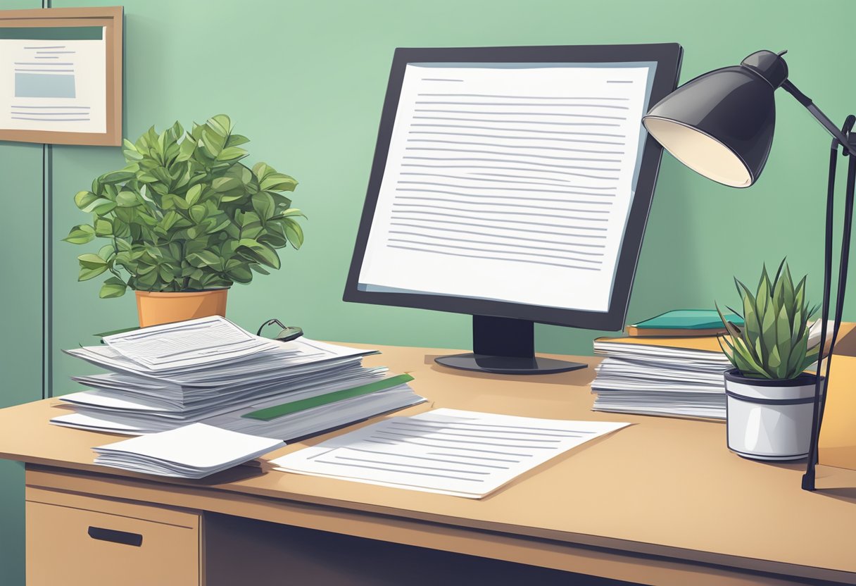 A teacher's desk with a neatly typed resignation letter, a stack of papers, and a potted plant, symbolizing a smooth transition