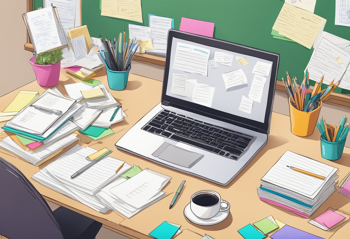 A teacher's desk with a neatly written resignation letter, surrounded by supportive notes and cards from students and colleagues