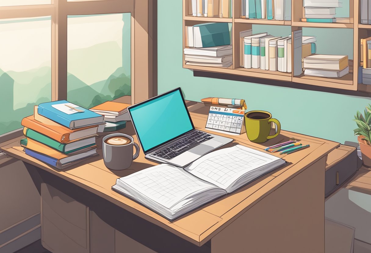 A teacher's desk with a neatly written resignation letter, surrounded by books, a computer, and a mug of coffee. A calendar on the wall shows the date